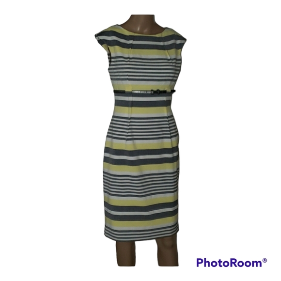 Calvin Klein 2 striped pencil dress darted pleats belt - Picture 1 of 7